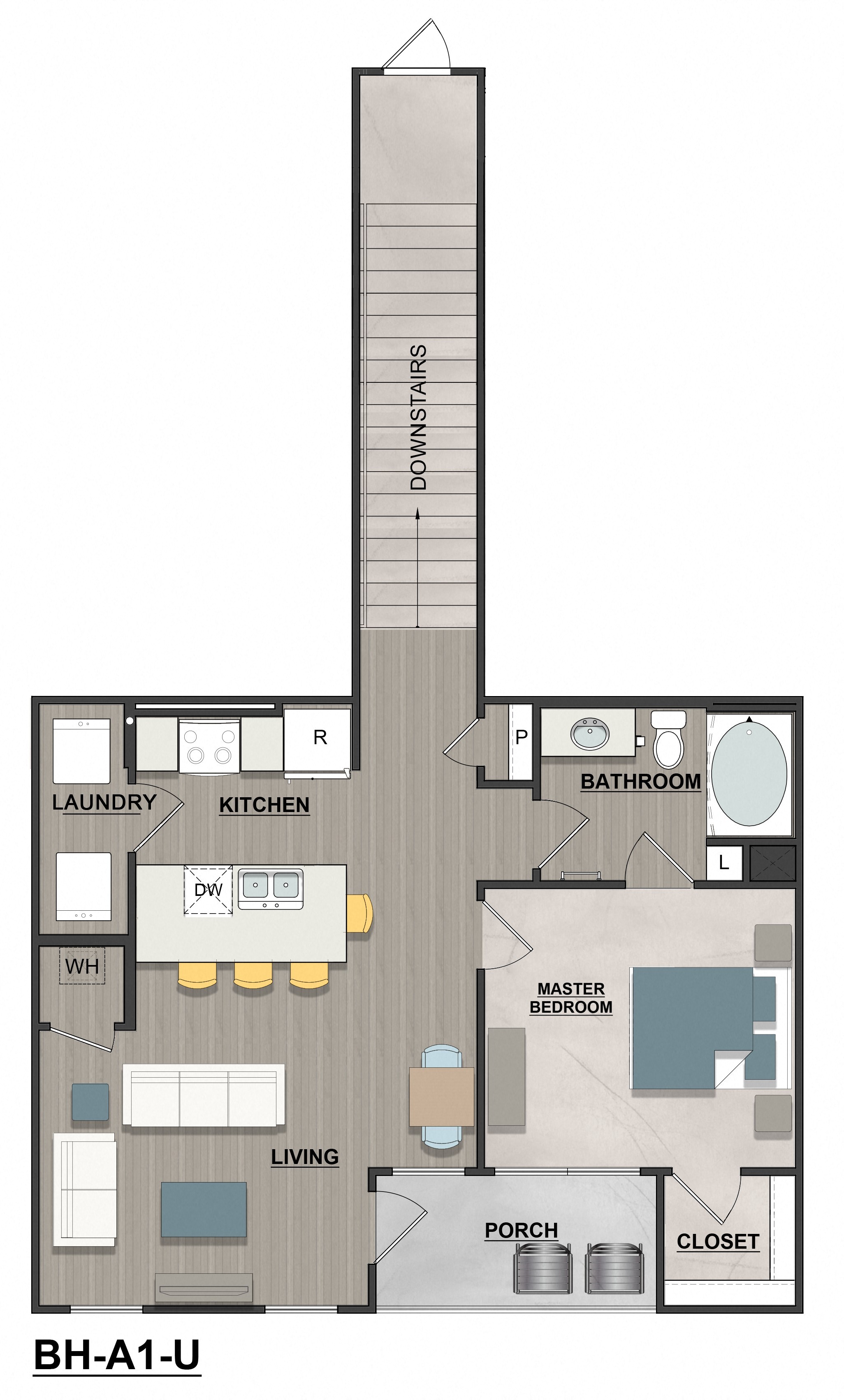 Floor plan for 1 bed, 1 bath, 873 sqft